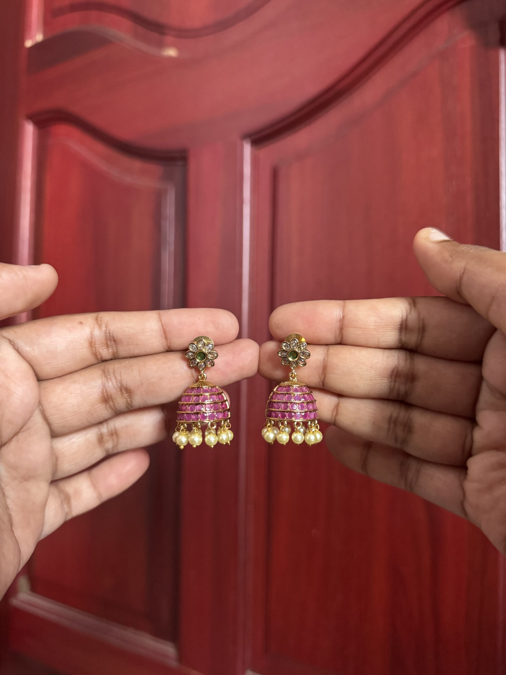 Rose Pearl Blossom Jhumka - Image 2