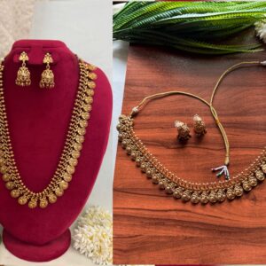 Traditional gold tone necklace set with matching earrings – jewellery trends 2025 collection by Hautecouture Jewellery.