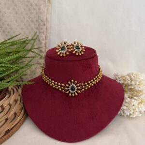 3 Line Golden Beaded Choker ( Thilagam ) - Green