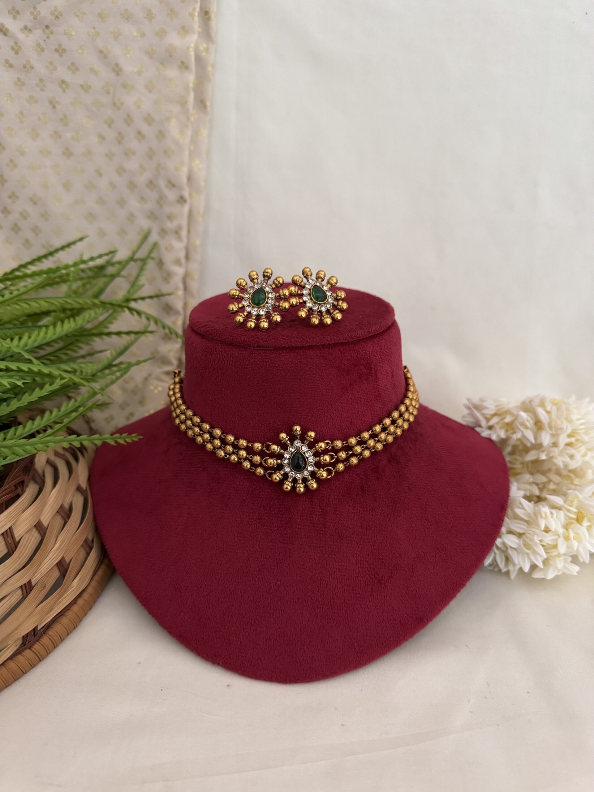 3 Line Golden Beaded Choker ( Thilagam ) - Green