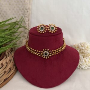 3 Line Golden Beaded Choker ( Round ) - Ruby