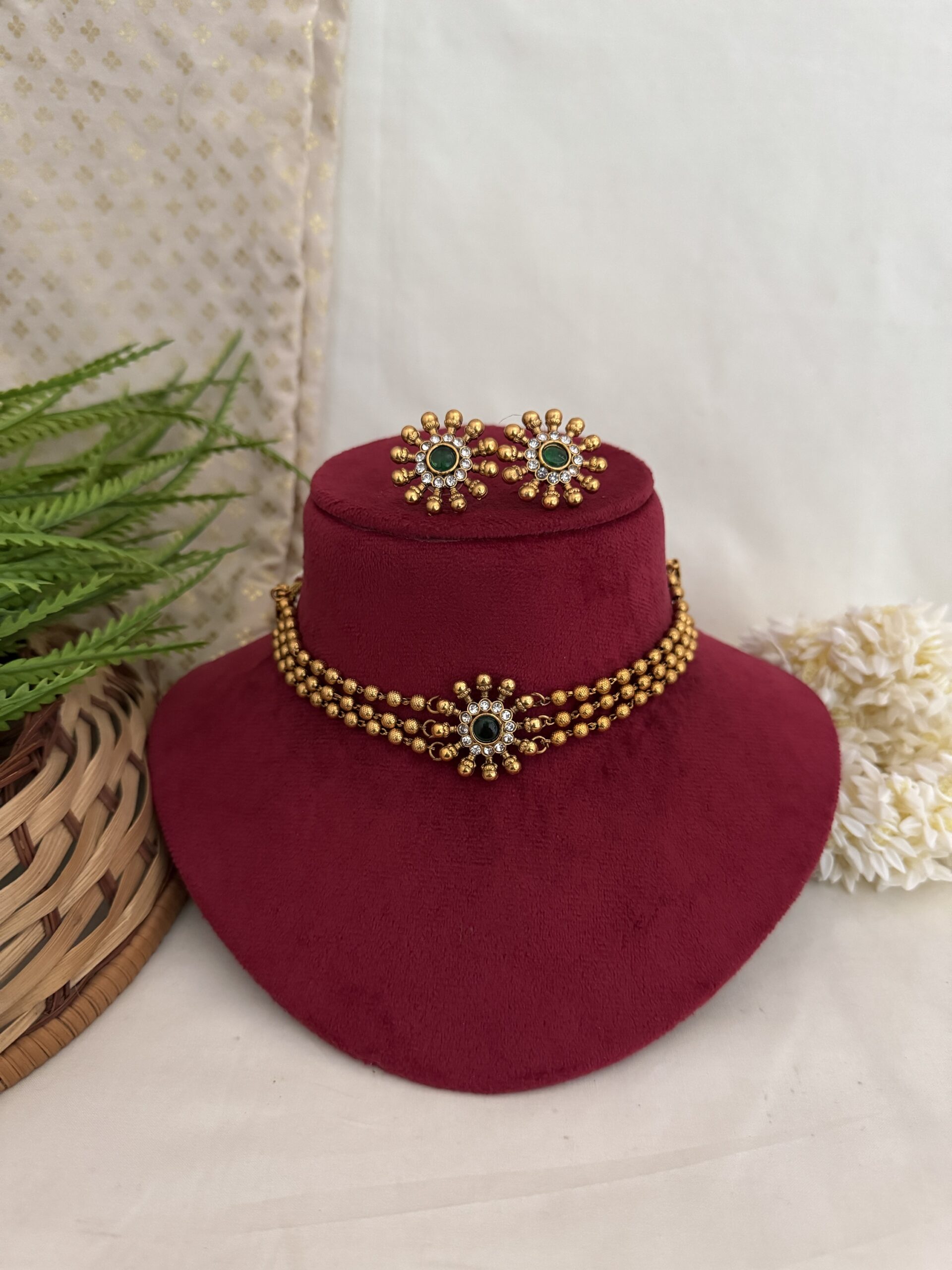 3 Line Golden Beaded Choker ( Round ) - Ruby