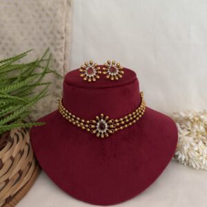 3 Line Golden Beaded Choker ( Thilagam ) - Ruby