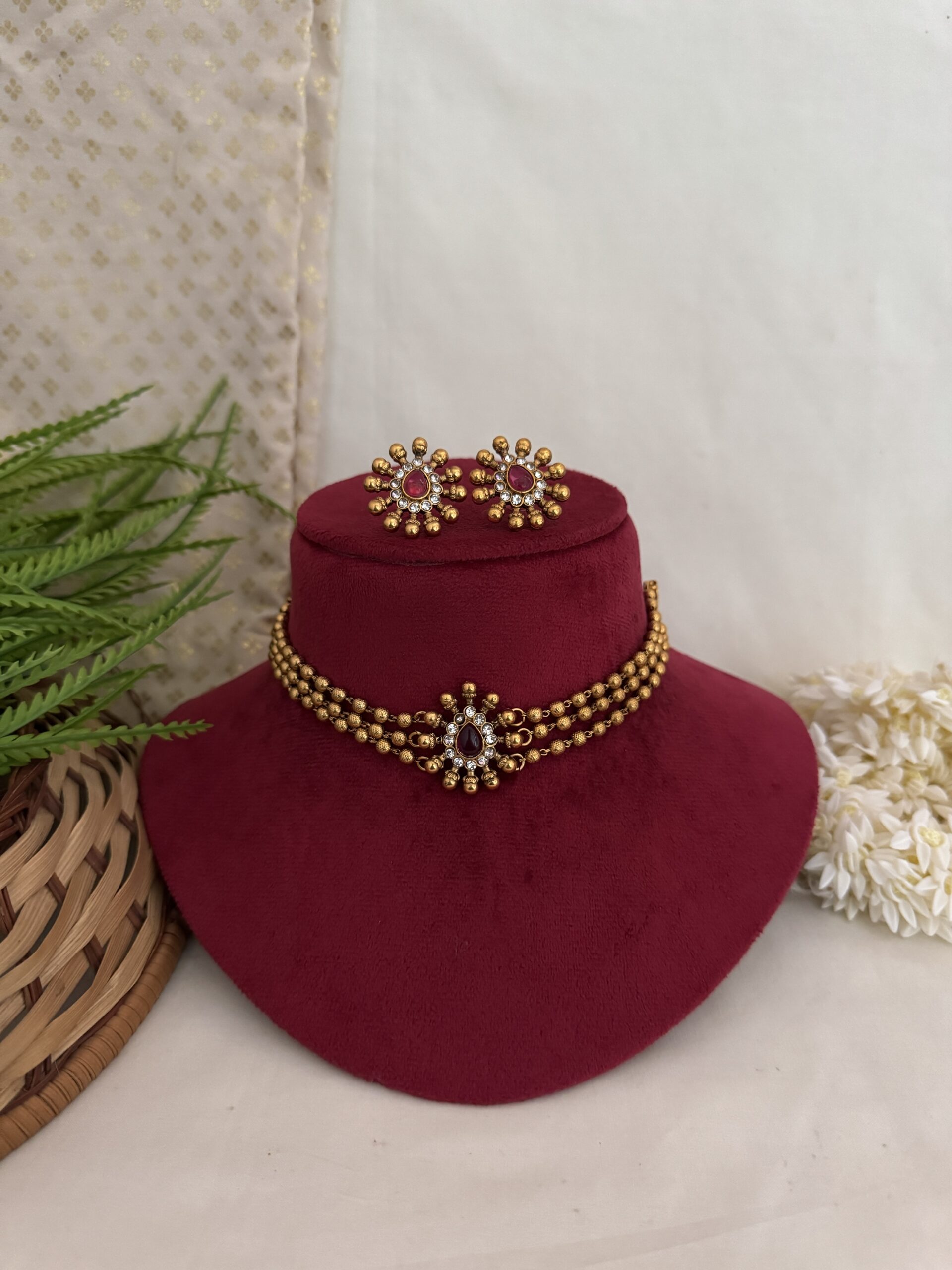 3 Line Golden Beaded Choker ( Thilagam ) - Ruby