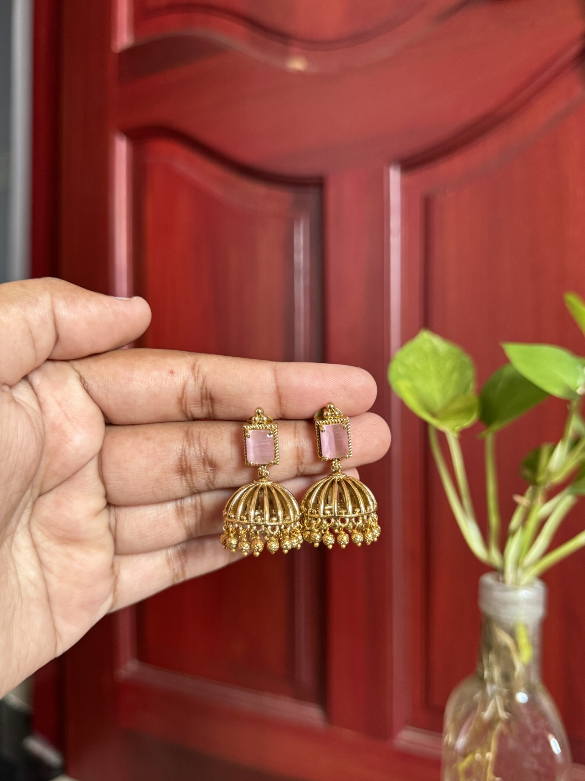 Square Jhumka Design - Pink (Gold)