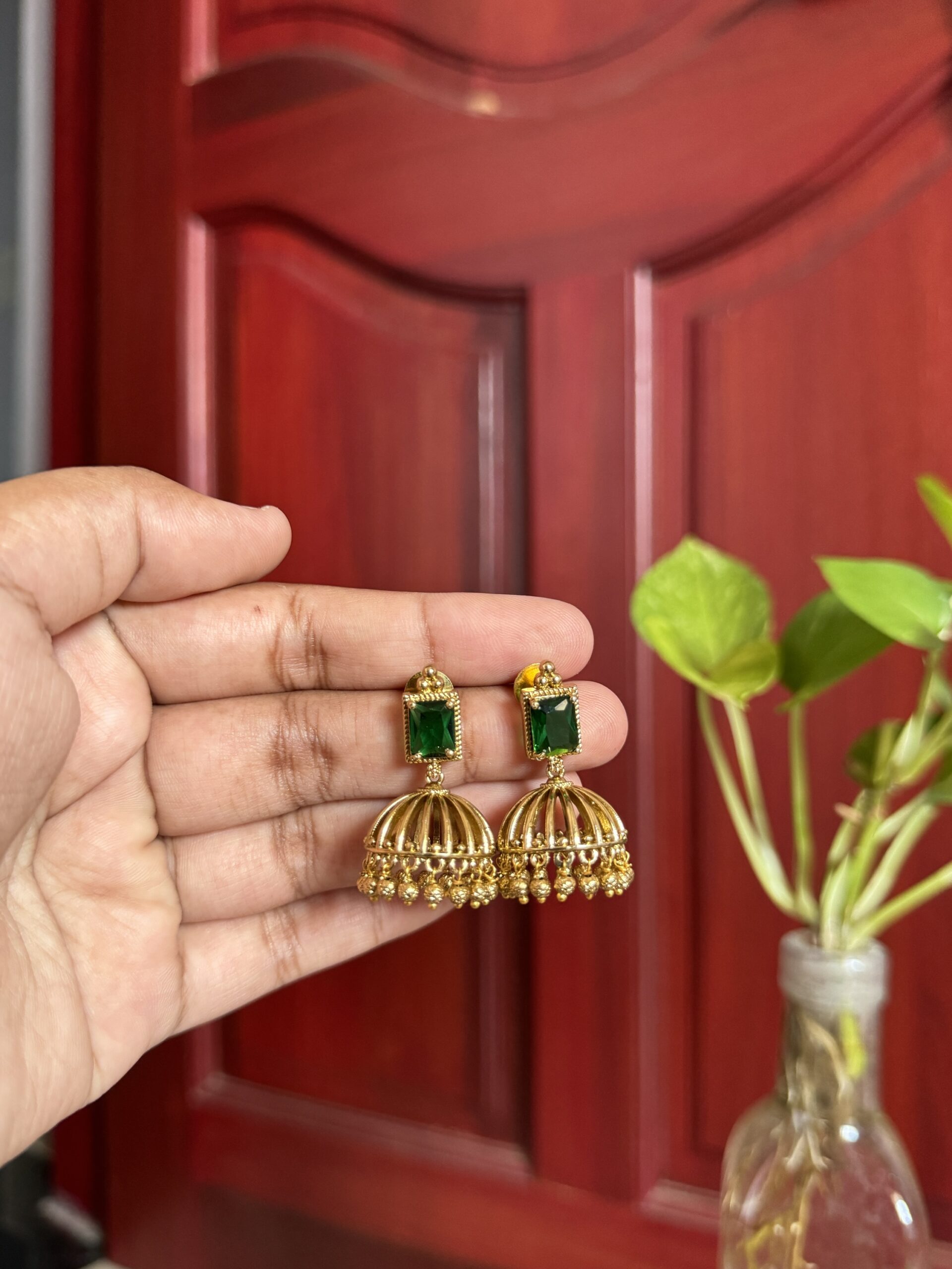 Square Jhumka Design - Green (Gold)