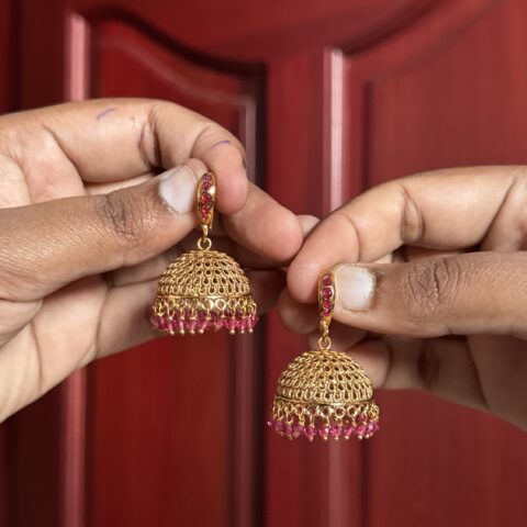 Veda Gold Hook Jhumka - Ruby
