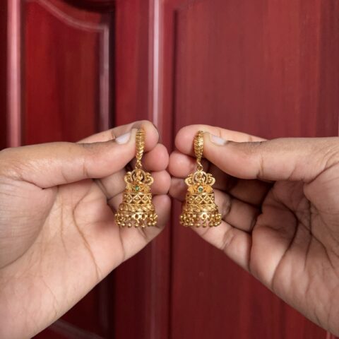 Choosing Traditional Temple Designer Jhumka Green Golden Beads for a Complete Traditional Look